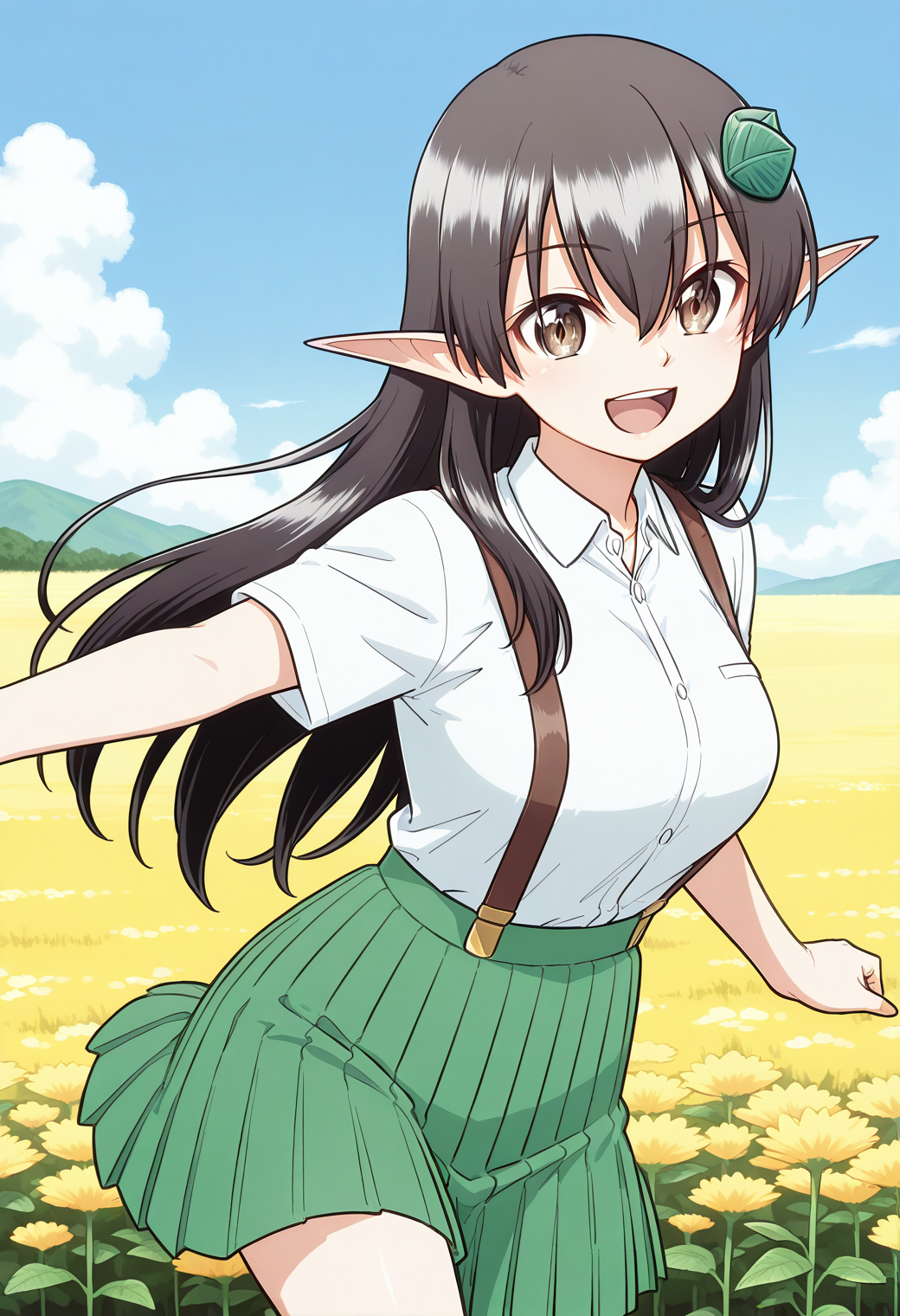 kazamori_itoko, pointy ears, brown eyes, black hair, long hair, hair ornament, school uniform, suspenders, collared shirt, short sleeves, pleated skirt, green skirt, <lora:kazamori_itoko_illustrious_ver1:0.8> 
smile, open mouth, 1girl, solo, (field:1.2), (blue sky:1.2), looking at viewer,, masterpiece, best quality, general,, (cowboy shot, dynamic pose:1.4),