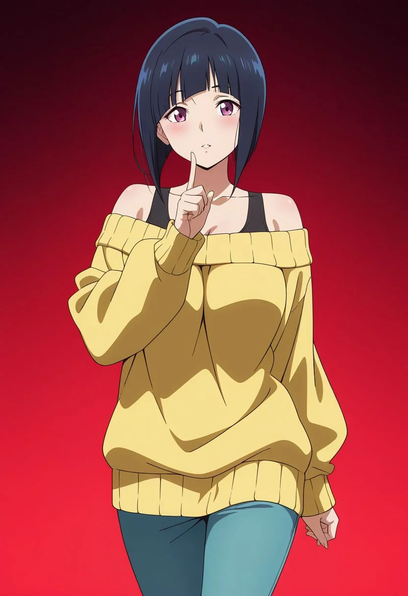 masterpiece, best quality, amazing quality, anime coloring, anime screencap, 1girl, mature female, inverted bob, black hair, blunt bangs, cowboy shot, BREAK simple background, dynamic pose gradient background, red background off-shoulder sweater, index finger raised,