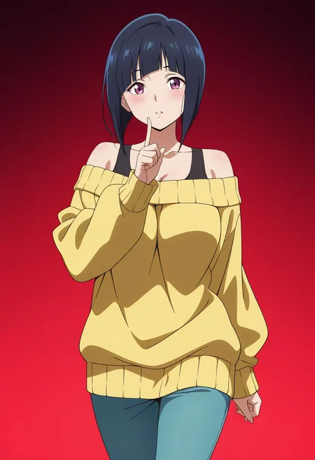 masterpiece, best quality, amazing quality, anime coloring, anime screencap, 1girl, mature female, inverted bob, black hair, blunt bangs, cowboy shot,  BREAK  simple background,  dynamic pose gradient background,  red  background  off-shoulder sweater,     index finger raised,