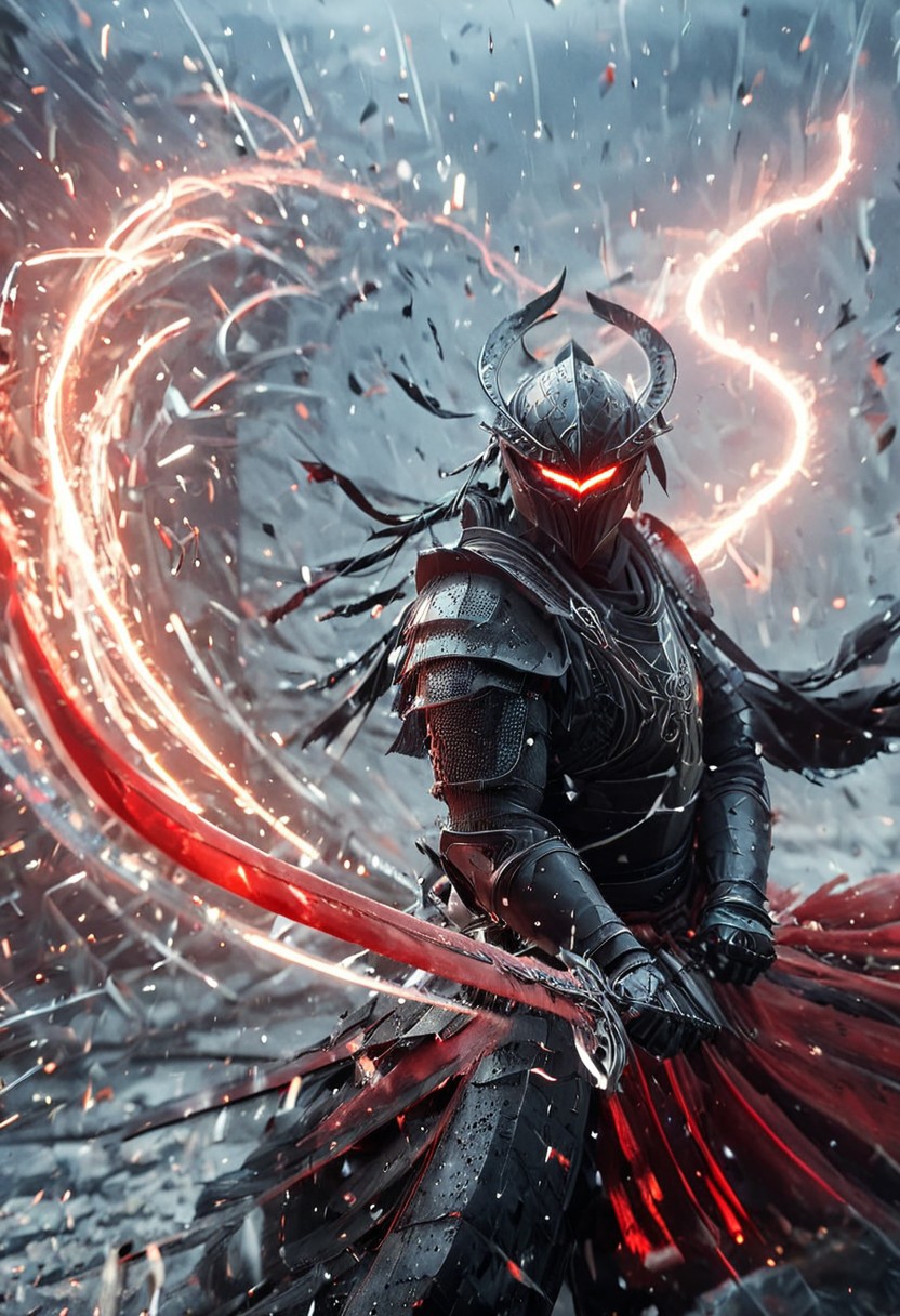 1man, armored samurai in black samurai armor, wearing samurai helmet and armor, Incoming sword, broken glass, brave perspective, reflection, glowing lightning slash, red katana, red lightning, shatter, holding sword, glowing sword, motion blur, emphasis line, outdoor in the darkness, looking at viewer,