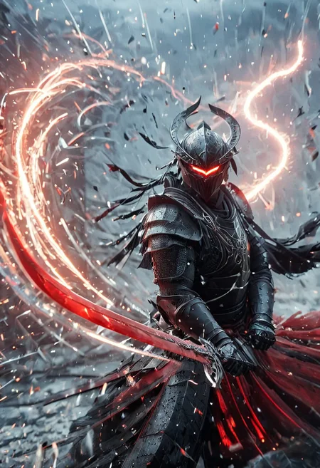 1man, armored samurai in black samurai armor, wearing samurai helmet and armor, Incoming sword, broken glass, brave perspective, reflection, glowing lightning slash, red katana, red lightning, shatter, holding sword, glowing sword, motion blur, emphasis line, outdoor in the darkness, looking at viewer,