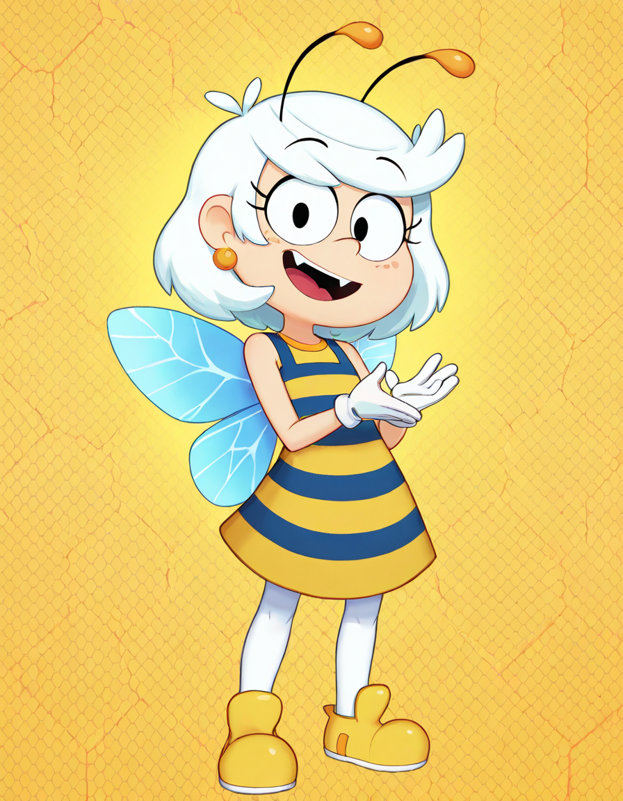 score_9, score_8_up, score_7_up, masterpiece, best quality, newest, absurdres, highres, amazing quality, colorful, 
masterpiece, best quality, absurdres, newest, very aesthetic, amazing quality,highres,sensitive, absurdres, high resolution, ultra detailed, perfect details,
source_cartoon,   toon (style), (cartoon:1.0), source_carton:1.1, rating:safe, dynamic pose, 
detailed,detailed eyes,perfect eyes,detailed,detailed hands,perfect hands,detailed,detailed legs,perfect hands, 1girl, solo, 
 <lora:Hoshime_Style_r2:0.6> , Hoshime_Style, petite,
 <lora:Lupa_Loud_IL:0.8> , Lupa_Loud, arthropod girl, striped clothes, striped dress, white hair, fangs, jewelry, smile, open mouth, earrings, black eyes, yellow footwear, looking at viewer, honeycomb (pattern), antennae, insect wings, short hair, full body, white gloves, , standing, yellow dress,