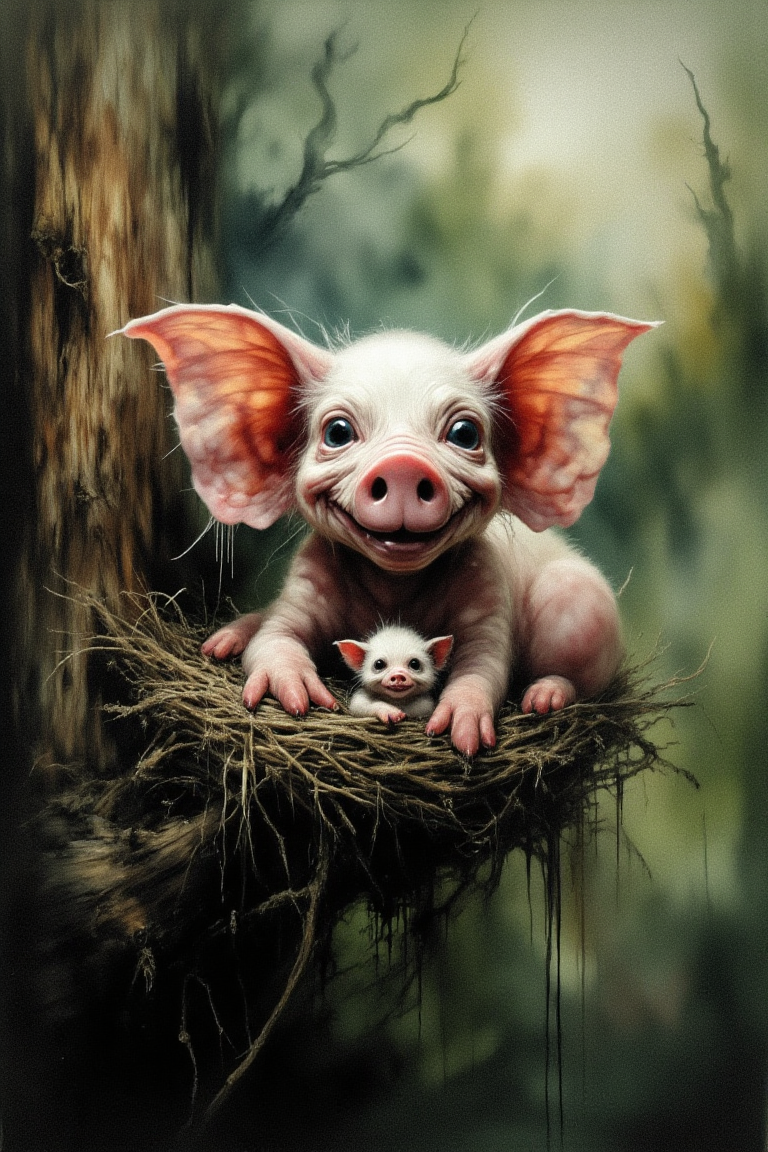 A pig with wings feeding cute little piglets with tiny wings in a nest high up a tree, Vibrant, sharp, extreme details, 8k
Dark Art