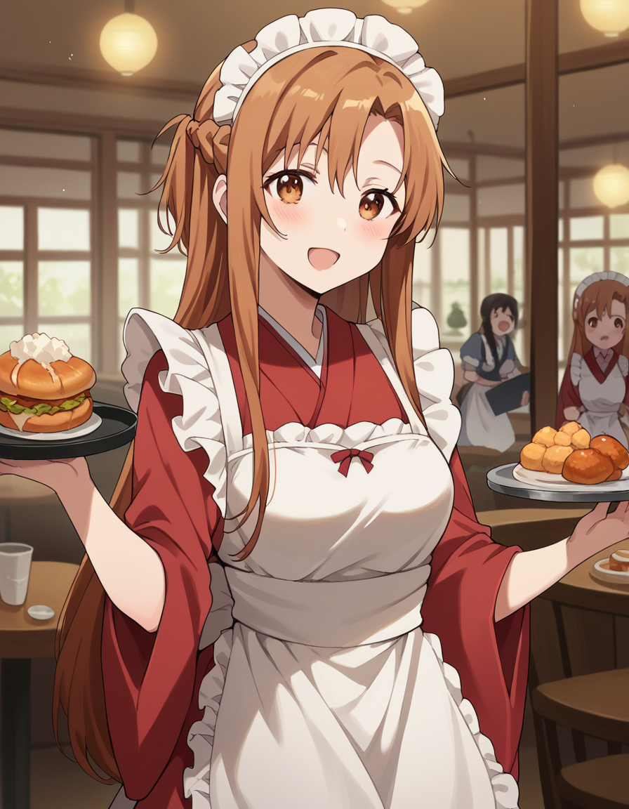 score_9, score_8_up, score_7_up, source_anime, asunayuuki, <lora:asuna-yuuki-s1-ponyxl-lora-nochekaiser:1>, asuna yuuki, long hair, brown hair, brown eyes, medium breasts,, <lora:wa-maid-ponyxl-lora-nochekaiser:1>, wa maid, maid, maid headdress, apron, white apron, frilled apron, maid apron, kimono, japanese clothes, frilled kimono, holding tray, tray, food,, indoors, restaurant, smile, blush, open mouth,,