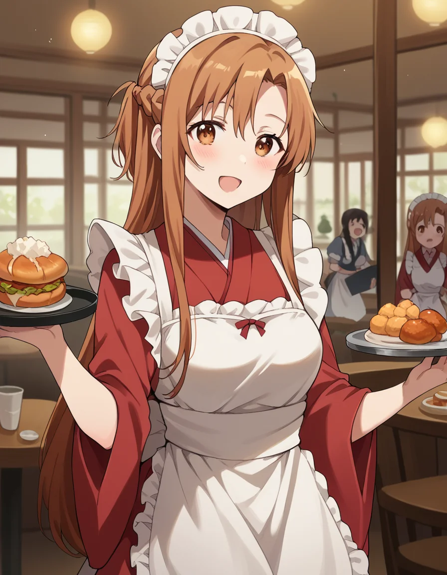 score_9, score_8_up, score_7_up, source_anime, asunayuuki, <lora:asuna-yuuki-s1-ponyxl-lora-nochekaiser:1>, asuna yuuki, long hair, brown hair, brown eyes, medium breasts,, <lora:wa-maid-ponyxl-lora-nochekaiser:1>, wa maid, maid, maid headdress, apron, white apron, frilled apron, maid apron, kimono, japanese clothes, frilled kimono, holding tray, tray, food,, indoors, restaurant, smile, blush, open mouth,,