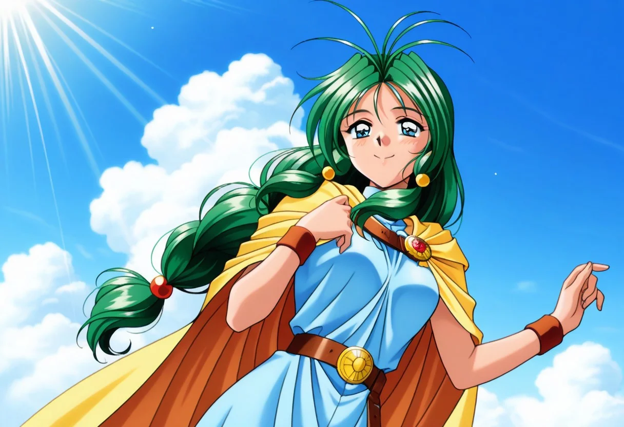 masterpiece, best quality, amazing quality, very aesthetic, high resolution, 1girl, cowboy shot, anime-style, digital art, high resolution, cute girl, smiling, sunlight, bright, clear sky, blue sky, clouds, daytime, outdoor, wind blowing her hair, dynamic pose, cheerful mood, light reflections, detailed background, high quality, beautiful, attractive, light rays, bright lighting, sky, joyful, happy, energetic, bright atmosphere, detailed shading, anime aesthetics, vibrant, lively, braid, jewelry, belt, cape, blue dress, wristband, retro artstyle, 1990s \(style\),
clairemm, blue eyes, green hair, antenna hair, long hair, low-tied long hair, hair bobbles, medium breasts, mature female,