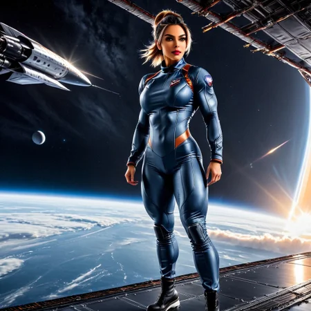 Under a cloudy sky, a powerful figure stands poised with an air of confidence. She’s clad in a high-leg leotard made of rugged denim, its texture emphasizing her sculpted physique. The leotard's high cut reveals strong, defined legs and accentuates her muscular build as she flexes her arms, showcasing her impressive strength.
Her clenched hands rest on her hips, the denim fabric stretching to reveal the strength beneath. In the background, a sleek spacecraft is partially visible, its metallic surface reflecting the diffused light of the overcast sky. Nearby, a ground vehicle, designed with futuristic elements, adds to the scene’s sci-fi ambiance.
The photograph captures the reflection of both the spacecraft and the ground vehicle in a glossy surface beneath her feet, merging the natural and technological elements into a cohesive, dynamic image. The cloudy sky adds a dramatic backdrop, enhancing the intensity and focus of the moment.