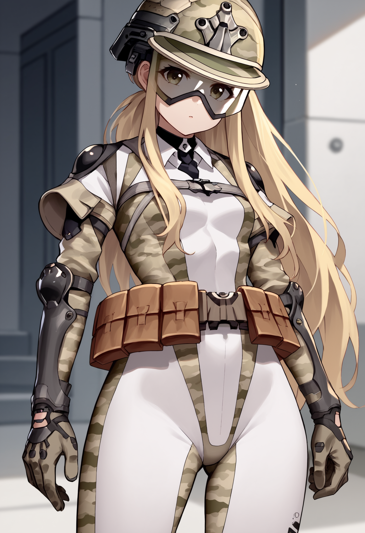 score_9, score_8_up, score_7_up, source_anime BREAK 1girl, solo, <lora:soldierfa-nikke-richy-v1_pdxl:1> sldrfa, blonde hair, long hair, goggles, helmet, visor \(armor\), white bodysuit, camouflage, shoulder pads, belt pouch, gloves, looking at viewer, standing,
