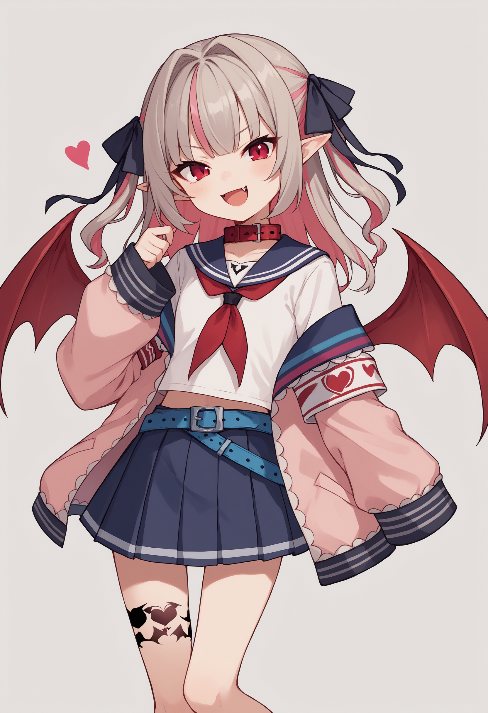 score_9, score_8_up, score_7_up, source_anime, mr1, red eyes, pink hair, grey hair, two-tone hair, multicolored hair, streaked hair, hair intakes, two side up, pointy ears, fang, leg tattoo, wings, red wings, demon wings, ribbon, hair ribbon, black ribbon, collar, serafuku, red collar, neckerchief, red neckerchief, shirt, white shirt, blue sailor collar, off shoulder, jacket, pink jacket, long sleeves, sleeves past fingers, heart, armband, belt, blue belt, skirt, pleated skirt, blue skirt, smile<lora:MakainoRirimuXLv2-16:1>
