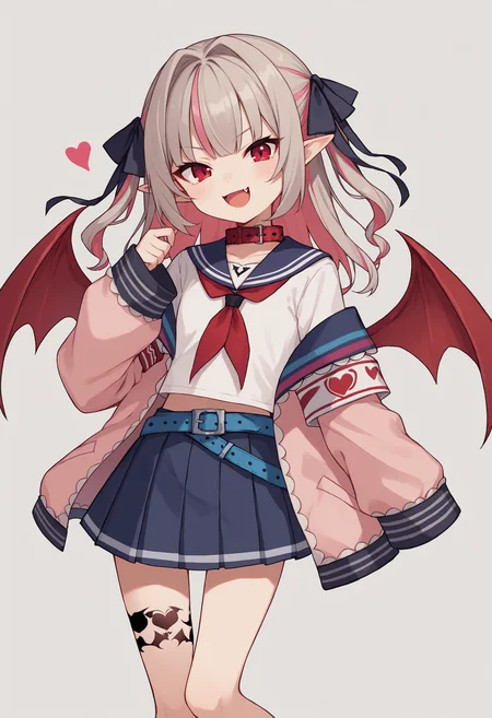 score_9, score_8_up, score_7_up, source_anime, mr1, red eyes, pink hair, grey hair, two-tone hair, multicolored hair, streaked hair, hair intakes, two side up, pointy ears, fang, leg tattoo, wings, red wings, demon wings, ribbon, hair ribbon, black ribbon, collar, serafuku, red collar, neckerchief, red neckerchief, shirt, white shirt, blue sailor collar, off shoulder, jacket, pink jacket, long sleeves, sleeves past fingers, heart, armband, belt, blue belt, skirt, pleated skirt, blue skirt, smile<lora:MakainoRirimuXLv2-16:1>
