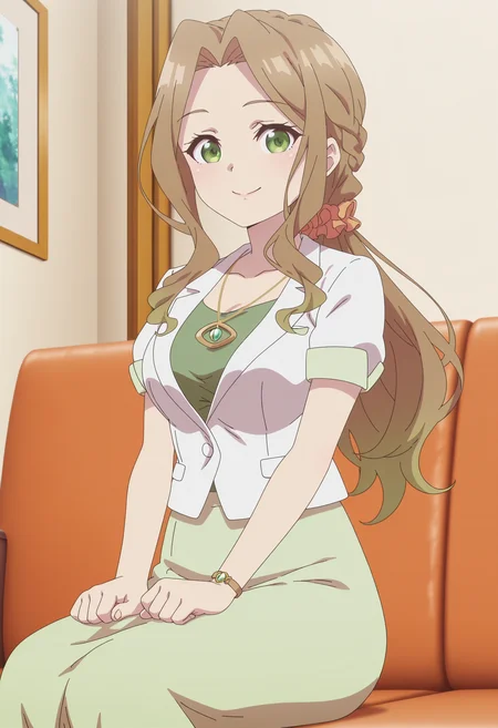 anime screencap, anime coloring,anime, best quality, 4k,
1girl, solo, keika k, hair scrunchie, necklace, short sleeve jacket, white jacket, green shirt, light green skirt, <lora:illustriousXL Keika Kiyotaki V1:1>
indoors, living room, sitting on couch,
looking at viewer, smile