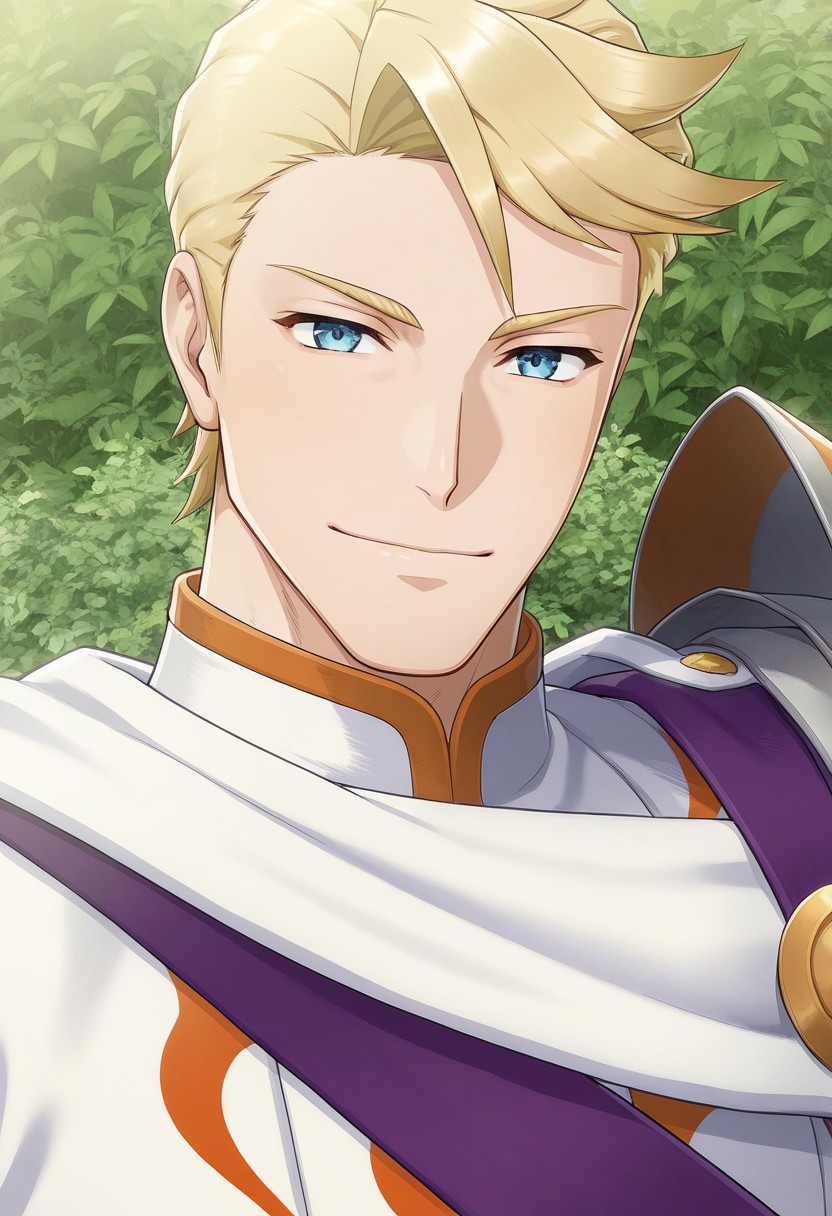 1boy, male focus, muscular, bunet,blonde hair,blue eyes,muscular male,manly,handsome, battle_outfit, white shirt, single pauldron, pauldron, white cape, gentle smile, face focus, looking at viewer, close-up:1.2, garden background