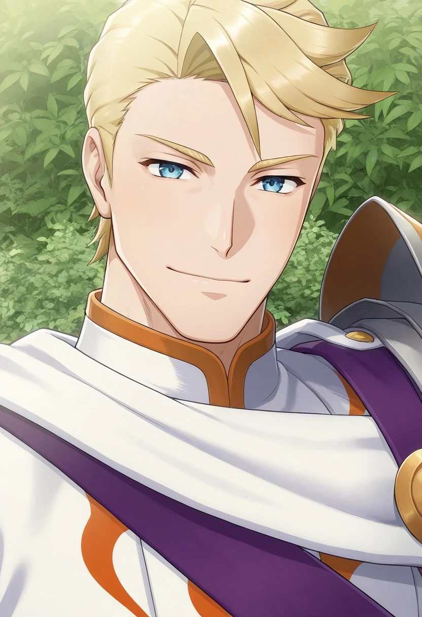 1boy, male focus, muscular, bunet,blonde hair,blue eyes,muscular male,manly,handsome, battle_outfit, white shirt, single pauldron, pauldron, white cape, gentle smile, face focus, looking at viewer, close-up:1.2, garden background