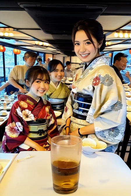 score_9, score_8_up, score_7_up, source_real, realistic, photorealistic, BREAK
Yakatabune, multiple girls, bottle, japanese clothes, kimono, multiple boys, smile, looking at viewer, realistic, cup, food, black hair, 6+girls, brown hair, sitting, sash, 6+boys, alcohol, obi, hair bun, floral print, short hair, restaurant, jewelry, indoors, night,
<lora:detailed_notrigger:1> <lora:zy_Detailed_Backgrounds_v1:1>, Depth of field <lora:BDpony_Yakatabune_V1-5772:1>, Depth of field:1.3, Panorama