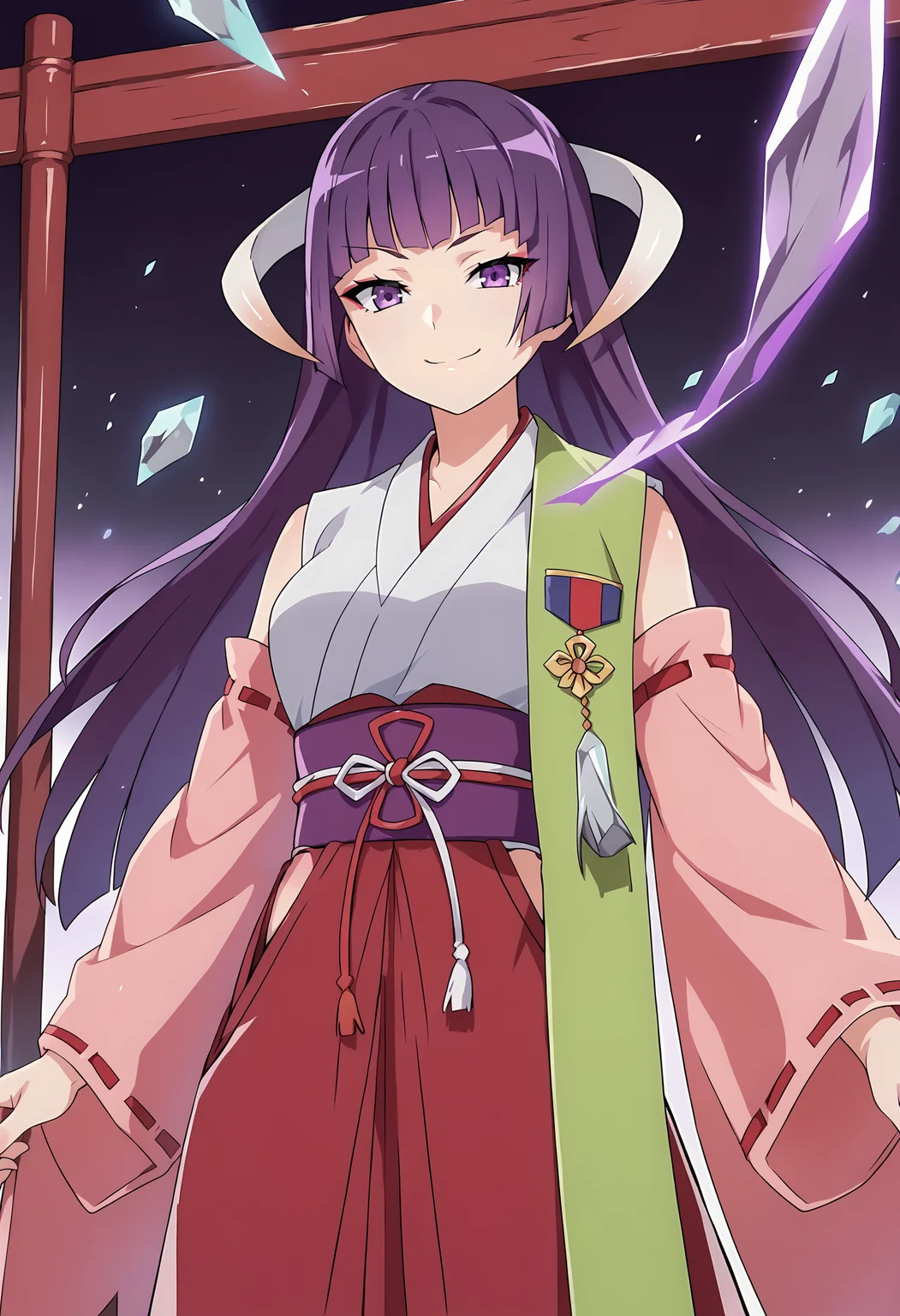score_9, score_8_up, score_7_up, source_anime,  eua, 1girl, solo, japanese clothes, detached sleeves, purple eyes, long hair, purple hair, hakama, hakama skirt, red hakama, horns, skirt, hime cut, miko, smile, looking at viewer, <lora:Eua xl pony:0.7>