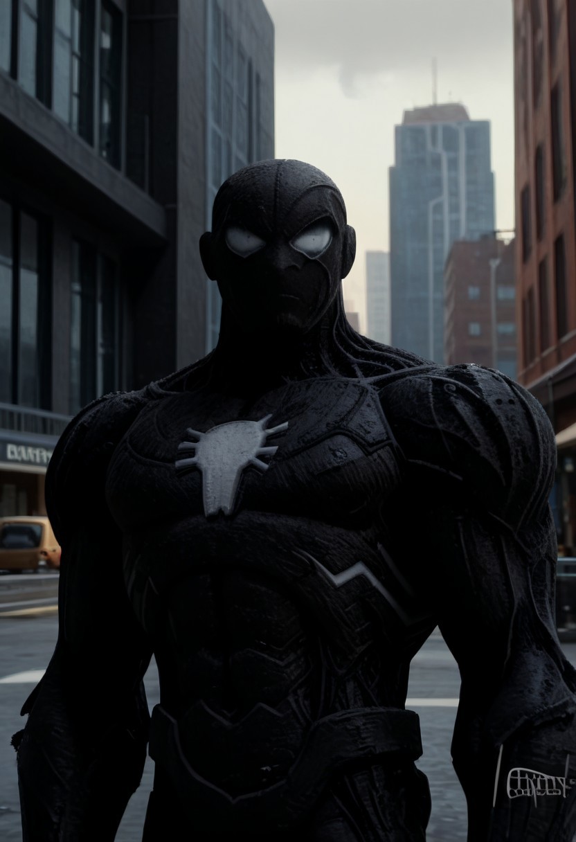 black suit, simple suit, symbiote suit, black mask, white eyes, white patches on hands, black webs, skinny, outside, in city, on rooftop, upper body, boy, solo, score_9, score_8_up, score_7_up, high-res image, masterpiece, best quality, no_pupils, black Organic Armor,Monster, fullbody shot, vanishing_point