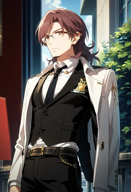 score_9,score_8_up,score_7_up,source_anime, Soichiro Mikuni,solo,1boy,jacket,male focus,necktie,glasses,belt,formal,suit,jacket on shoulders,