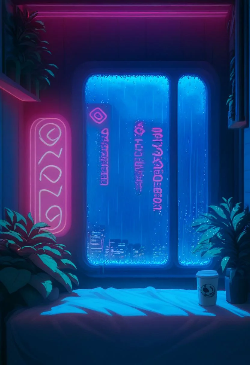 score_9,score_8_up,score_7_up,score_6_up,
steaming coffee cup on windowsill, plants on the windowsill, wall of plants, monstera plant, large plant, tidy bedrrom, small room, cramped bedroom, teddies on the bed, cyberpunk city view out of the window, neon light, purple neon lights, rain, rain outside, rain on the window