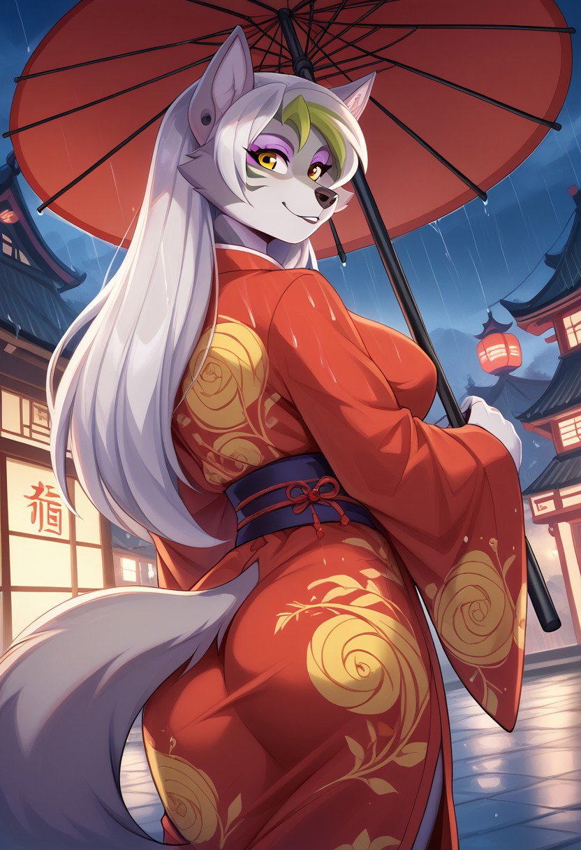 <lora:Scappo_Style_v2_PonyXL:0.8> by scappo, scappo,  score_9, score_8_up, score_7_up, Roxymayosplash, 1girl, solo, anthro wolf, long hair, silver hair, Green bangs, yellow eyes , grey fur, big breasts , big ass, tattoo, robot joints, BREAK,  cute, cute dress, cute pose, Chinese yukata, beautiful yukata, gorgeous patterns on clothes, looking at viewer, holding traditional chinese umbrella, standing under umbrella, night, rain, chinese village background,