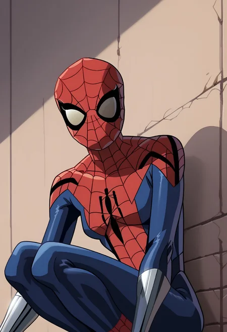 score_8, score_8_up, score_7_up, 1girl, female focus, solo, source_cartoon, spectacular spider-man, Mayday_MC2, SGMC2, mask, bodysuit, print body suit, spider web print, bracers, gloves, superhero, looking at viewer, upper body, squatting, on wall, v,