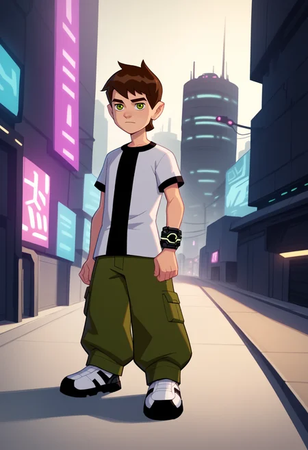 score_9, score_8_up, score_7_up, BREAK
1boy, bentennyson, brown hair, green eyes,
green cargo pants, shirt,
full body, standing, solo, looking at viewer, futuristic city, neon light, futuristic city background <lora:Ben10XL_byKonan:1>