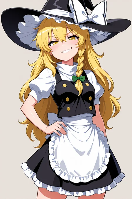 masterpiece, best quality, 1girl, solo, 21 year old model, eyelashes, (beautiful eyes), <lora:KirisameMarisaTouhouIXL:1.0>, zzMarisa, yellow eyes, hair between eyes, blonde hair, hair bow, long hair, very long hair, single braid, bow, braid, hat, witch hat, waist apron, short sleeves, black headwear, puffy sleeves, puffy short sleeves, hat bow, apron cowboy shot, hand on hip, smug, smile, looking at viewer, shiny skin,<lora:LandidzuStyleIXL:1.0>,
