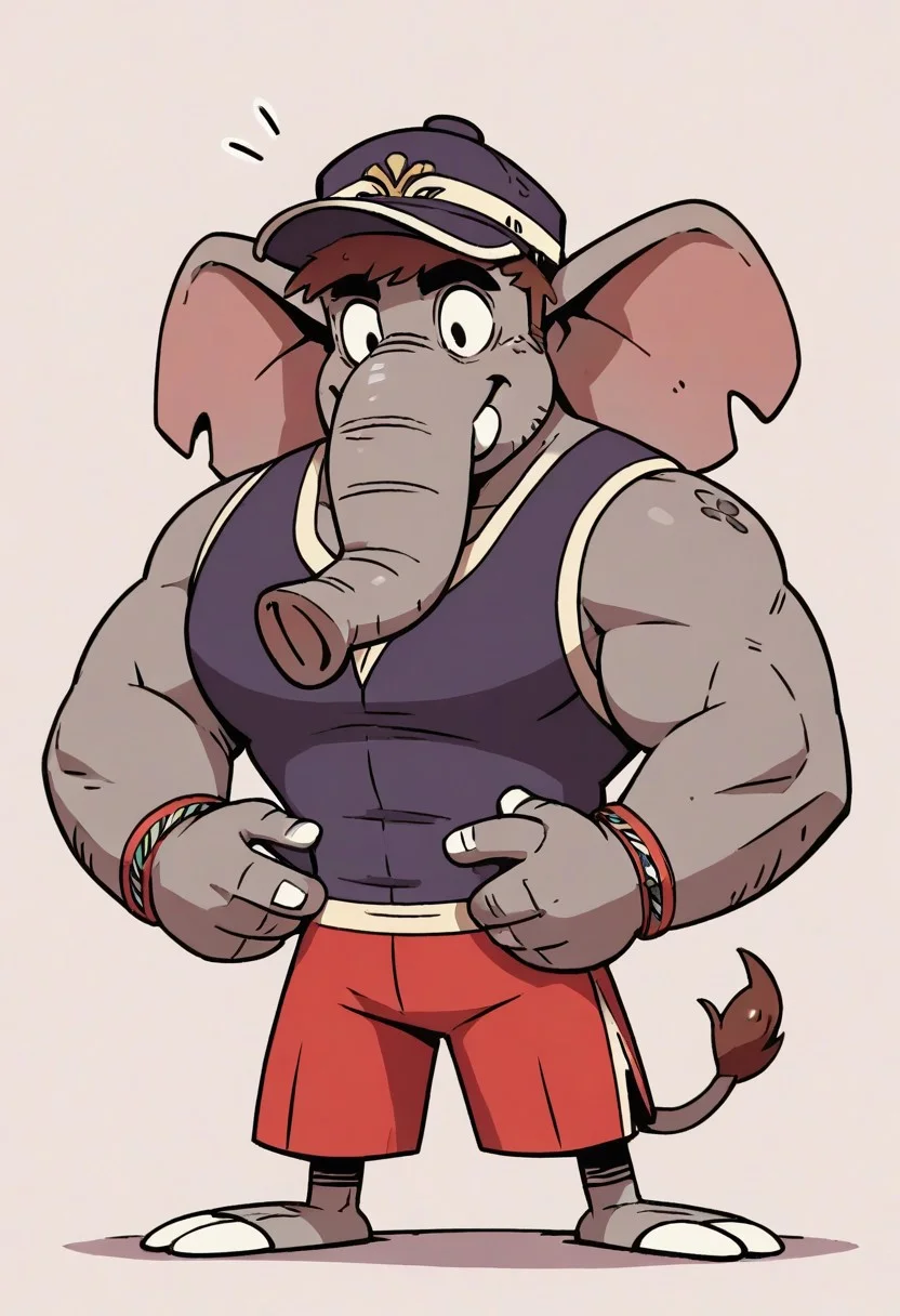 (score_9 | score_8_up | score_7_up)
((masterpiece:1))(best quality,very high quality,ultra detailed:1.2)
(2D,cartoon style,anime style)(Smooth:2)(clean blurring)
(four fingers on each hand,one thumb on each hand:1), Abu elephant, solo, brown hair, grey skin, black eyes, trunk, trunk nose, elephant trunk, elephant ears, monkey tail, purple vest, red and purple hat, alien, muscular, +++three eyes, extra eye, grey skin color, full body