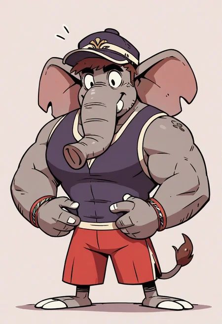 (score_9 | score_8_up | score_7_up)
((masterpiece:1))(best quality,very high quality,ultra detailed:1.2)
(2D,cartoon style,anime style)(Smooth:2)(clean blurring)
(four fingers on each hand,one thumb on each hand:1), Abu elephant, solo, brown hair, grey skin, black eyes, trunk, trunk nose, elephant trunk, elephant ears, monkey tail, purple vest, red and purple hat, alien, muscular, +++three eyes, extra eye, grey skin color, full body