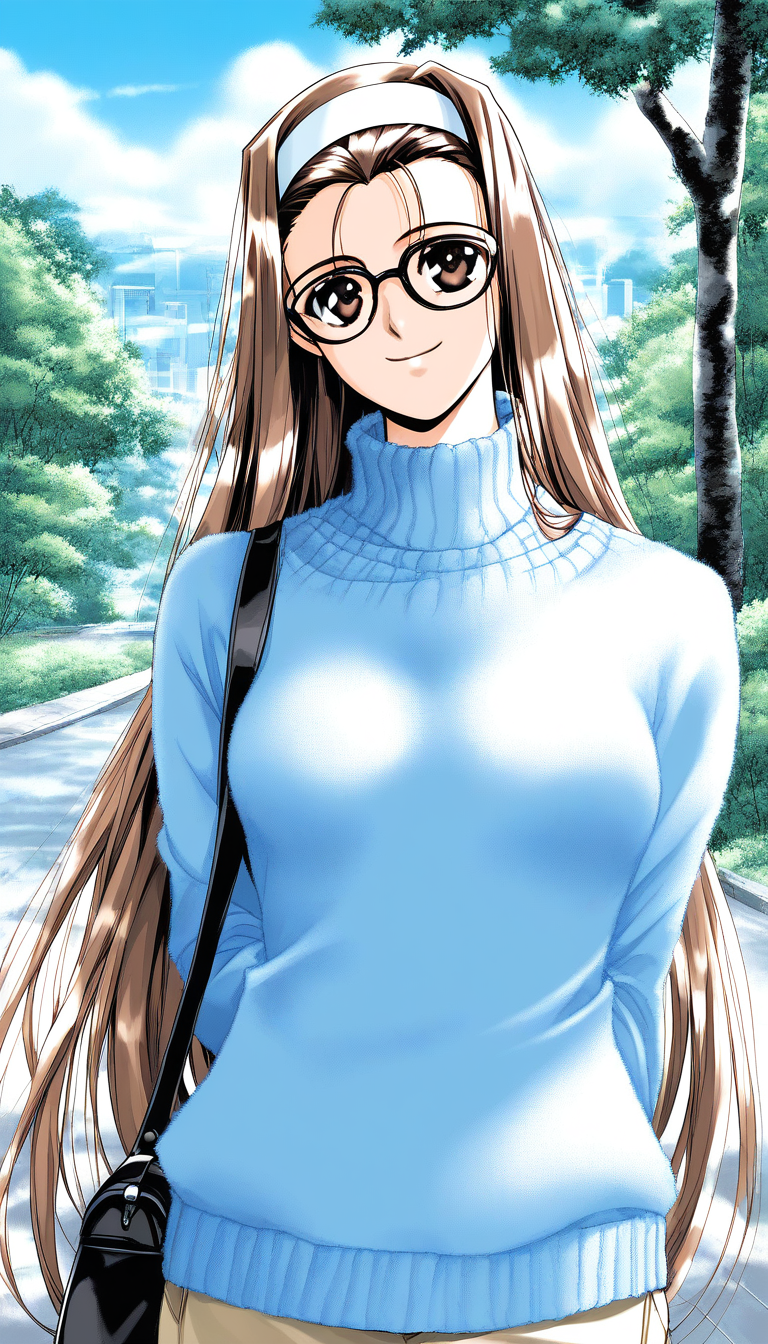 score_9, score_8_up, score_7_up, source_anime, rating_explicit, BREAK  <lora:Mizuno_Tomomi_XL:1> Mizuno_Tomomi, brown hair, glasses, black-framed eyewear, white hairband, brown eyes, very long hair, medium breasts,
solo, sweater, day, outdoors, smile, turtleneck, bag, looking at viewer, arms behind back, sky, tree, head tilt, long sleeves, white sweater