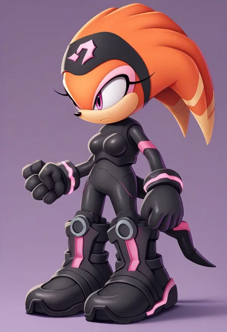 score_9, score_8_up, score_7_up, (best quality:1.1), ((tall, 6ft tall)), ultra-detailed, high resolution, 8k, Shade the Echidna, red orange fur, purple eyes, black and purple headband, glowing purple headband, black bodysuit, black gloves, purple bracelets, standing, battle stance, breasts, curvy, thick thighs, dark purple background, BREAK outside, Rich, Detailed background, ambient light