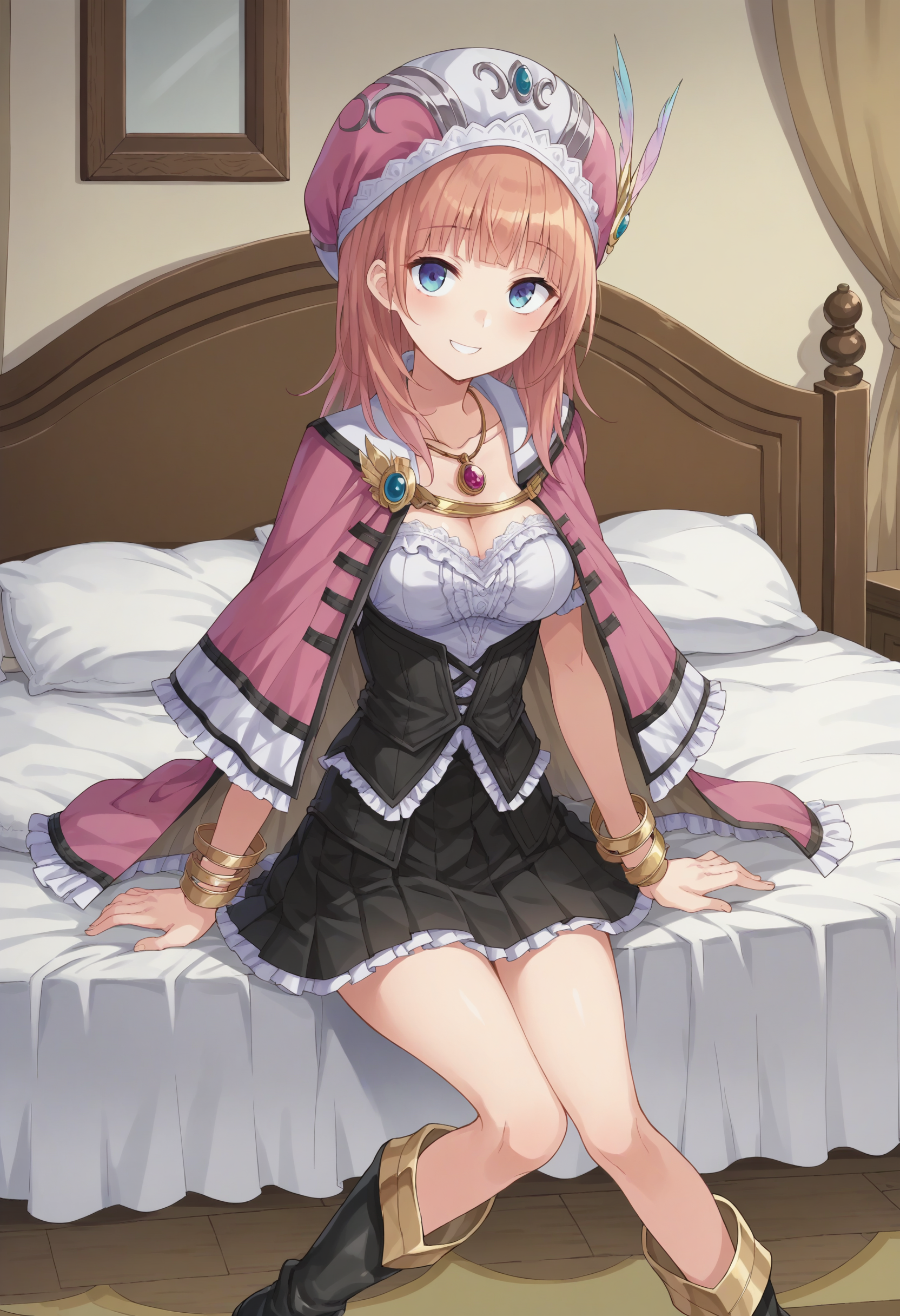 score_9, score_8_up, score_7_up, score_6_up, score_5_up, score_4_up , anime coloring ,BREAK source_anime, anime,screencap,
1girl, solo, a12, long hair, breasts, pink cape, black corset, black footwear, pleated skirt, bracelet, pink headwear, pendant,  <lora:PonyXL RoronaF V1:0.9>
indoors, bedroom, sitting on bed,
smile, looking at viewer,