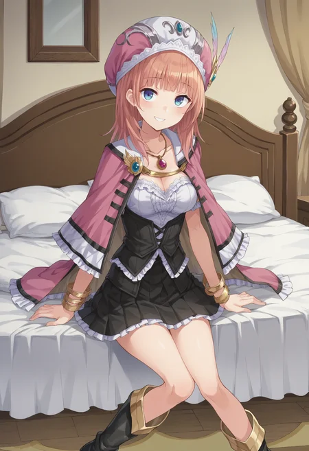 score_9, score_8_up, score_7_up, score_6_up, score_5_up, score_4_up , anime coloring ,BREAK source_anime, anime,screencap,
1girl, solo, a12, long hair, breasts, pink cape, black corset, black footwear, pleated skirt, bracelet, pink headwear, pendant, <lora:PonyXL RoronaF V1:0.9>
indoors, bedroom, sitting on bed,
smile, looking at viewer,