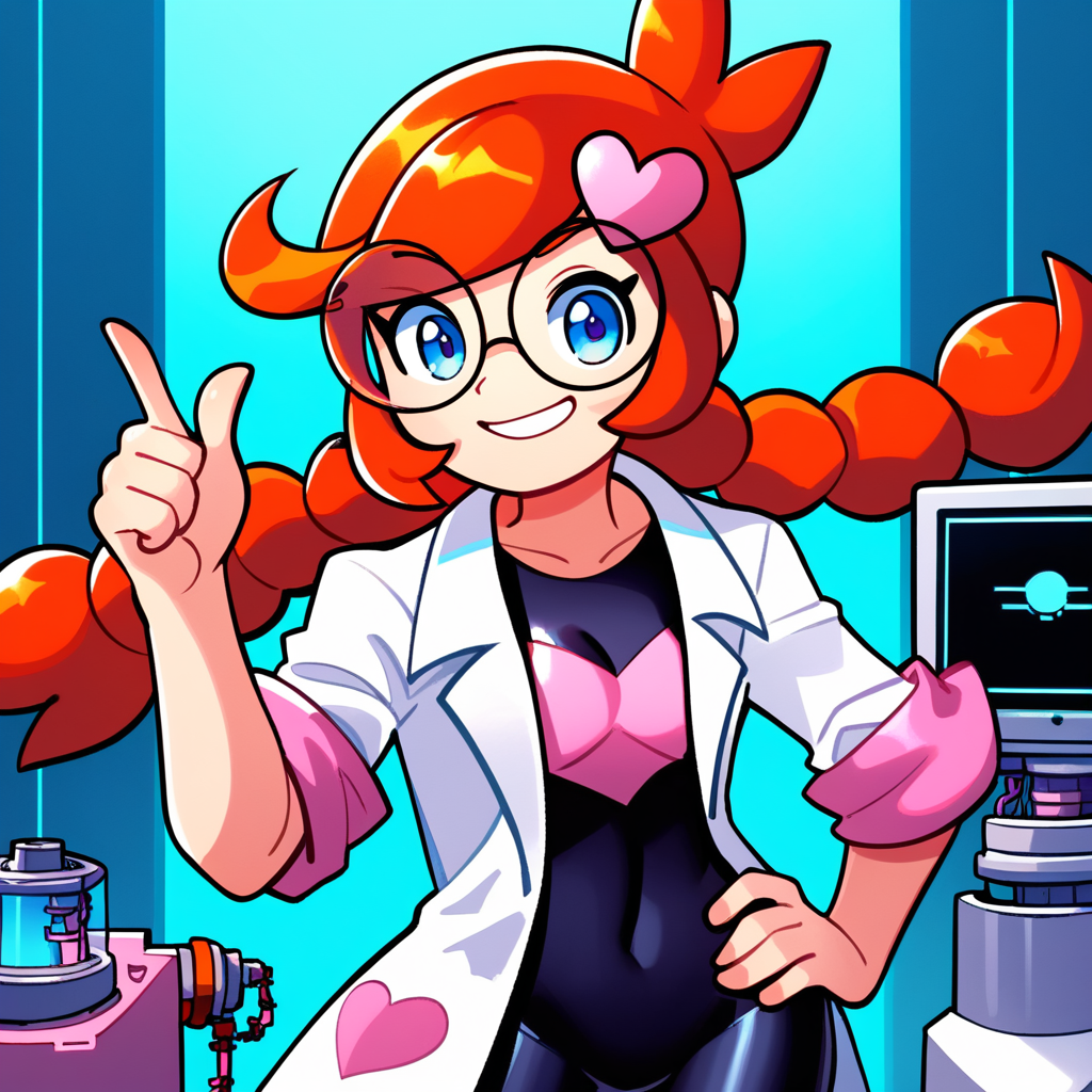 score_9_up, score_8_up, score_7_up, score_6_up, best quality, masterpiece, source_cartoon, detailed background, blue background, (lab, laboratory, machines, computer:1.5), BREAK 1girl, solo, penny_(\warioware\), large head, orange hair, blue eyes, braids, glasses, pink hairpin, labcoat, black bodysuit, short sleeves, pointing, one hand on hip, smile, cowboy shot, looking at viewer  <lora:PDXL_Penny_WW:1>