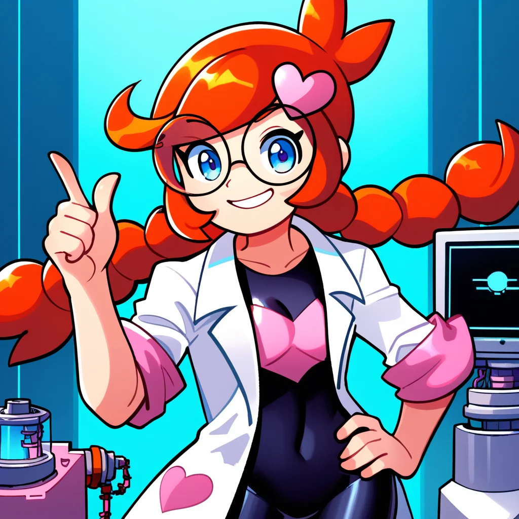 score_9_up, score_8_up, score_7_up, score_6_up, best quality, masterpiece, source_cartoon, detailed background, blue background, (lab, laboratory, machines, computer:1.5), BREAK 1girl, solo, penny_(\warioware\), large head, orange hair, blue eyes, braids, glasses, pink hairpin, labcoat, black bodysuit, short sleeves, pointing, one hand on hip, smile, cowboy shot, looking at viewer  <lora:PDXL_Penny_WW:1>