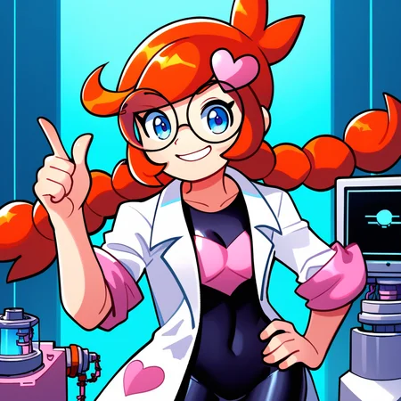score_9_up, score_8_up, score_7_up, score_6_up, best quality, masterpiece, source_cartoon, detailed background, blue background, (lab, laboratory, machines, computer:1.5), BREAK 1girl, solo, penny_(\warioware\), large head, orange hair, blue eyes, braids, glasses, pink hairpin, labcoat, black bodysuit, short sleeves, pointing, one hand on hip, smile, cowboy shot, looking at viewer <lora:PDXL_Penny_WW:1>