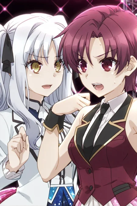 detailed background, shiny skin, posing,
heart, bloom, glitter, sparkle,
<lora:prisma.il:1>,
prisma,
(multiple girls, 2girls:1.8),
happy caren, 
nervous bazett, 
idol costume, upper body, open mouth, peace,
