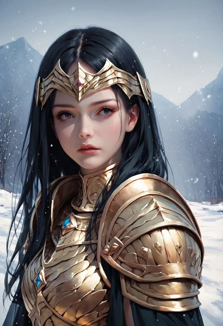 score_9, score_8, score_7_up, illustration
1 girl, beautiful, golden armor, head armor, black hair, long hair, look at viewers, beautiful details eyes, complex background, snow,