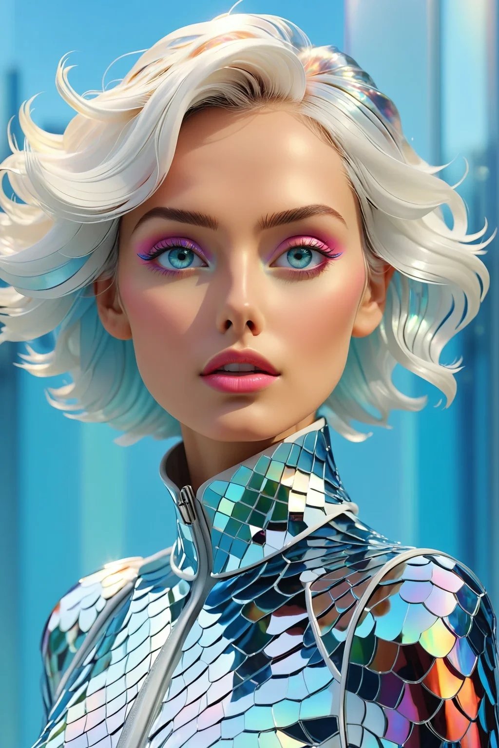 absh05 style colorful abstract <lora:Special_Constructs_absh05_style:1>,
cartoon
Futuristic, 2095, young 70 years old beautiful model, face skin is partially covered with holographic mirror transparent scales, standing in a futuristic city, glossy, highly intricate, high minimalistic fashion, photography by tim walker, clear top model face features, gathered hair, fashion editorial accent lighting, cinematic, blurred white clear background, photorealistic octane render, film grain, Leica 50mm, Depth of Field, 32k, Super - Resolution, Megapixel,Optics, Scattering, Glowing, Shadows, Rough, Shimmering, Ray Tracing Reflections, Lumen Reflections, Screen Space Reflections, Diffraction Grading ,
Blue background,
detailed, professional, slick, high quality, masterpiece, highres,
amazing, beautiful, breathtaking, astonishing, brilliant,