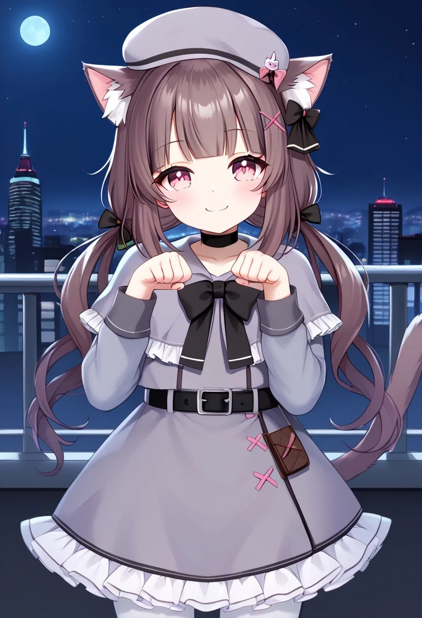 1girl, solo, highres, Shondo2ndB, petite, pink eyes, bangs, bow, brown hair, sidelocks, low twintails, hair bow, x hair ornament, long hair,
cat ears, animal ear fluff, cat tail, cat girl,
hat, beret, frilled dress, black bow, choker, grey capelet, capelet, pink ribbon, black belt, long sleeves, food-themed clothes,, white pantyhose,
looking at viewer, paw pose, hands up, head tilt, smile,
cityscape, night, night sky, dark, backlighting, silhouette,