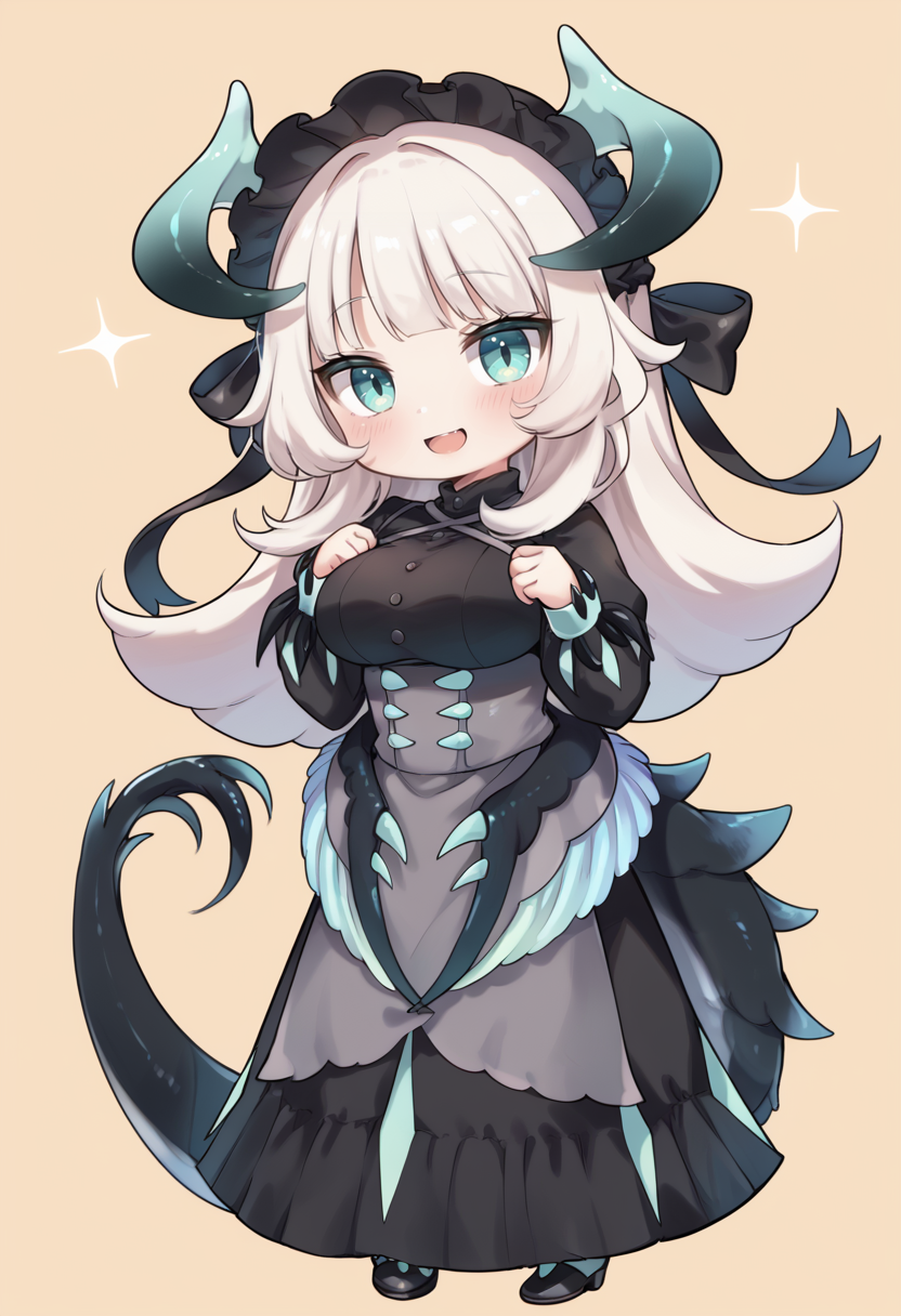 (score_9:0.9),score_8_up,score_7_up,rating_safe,anime style,(zPDXL),<lora:Chamber dragonmaid ponyXL v1:0.73>, chamber dragonmaid, 1girl, solo, chibi, blush, black maid dress, open mouth, smile, looking at viewer, :d, simple background, large breasts, black mob cap, full body, hands up, standing, claw boots, low dragon wings