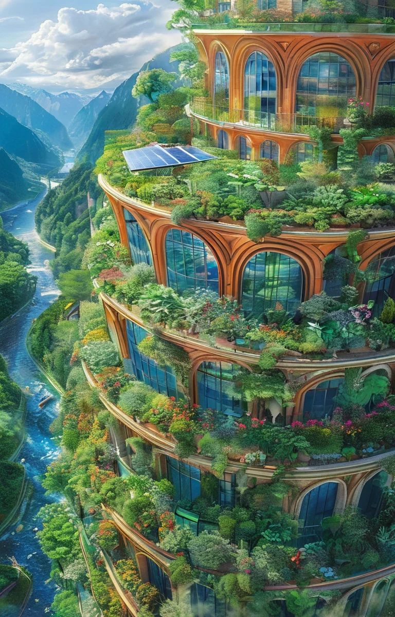 masterpiece,best quality,<lora:tbh303-sdxl:0.9>,illustration,designed by Vincent Callebaut Sustainable eco-village with green roofs and solar panels, nestled in a mountain valley