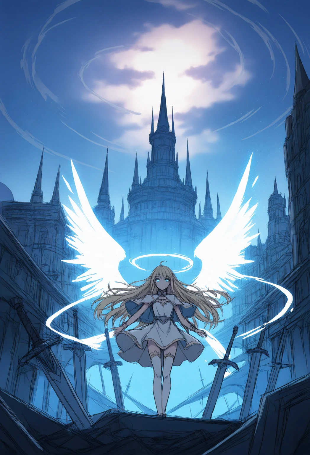 1girl,
solo, long hair, dress, magic, scenery, fantasy, sky, standing, light particles, ahoge, capelet, blue theme
masterpiece, very long hair, building, city, glowing wings, angel wings, weapon, sword, cloud, wind, blue eyes, floating object, cloudy sky, wing, white dress, glowing, from below, floating, thighhighs, looking at viewer, zettai ryouiki, outdoors, wind lift, blonde hair,
.
best quality, very aesthetic, absurdres
<lora:hakuhiruoeoefornoob:0.95>