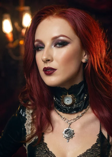 masterpiece, best quality, dark environment, (steampunk:1.5), a woman, long red hair, (dark-red latex with lace), turtleneck, long earrings, necklace, burlesque, sexy, (((portrait))), skin pores, 8K, extremely detailed, decorated clothing, dragon, bloodwave, dynamic, great lighting, perfect shading, depth of field, soft side light, very detailed glowing background, <lora:MS_DaniWoodward_V1_SDXL:0.8>, <lora:add-detail-xl:0.8>