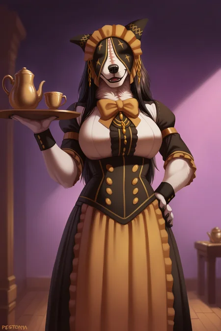 masterpiece, best quality, normal quality, hires, absurdres, cowboy shot,, 1girl, pestonya, anthro, furry female, covered eyes, scar, black hair, maid outfit, dress, dinner room, detailed background, black nails, holding tray, tray in hand, hand on hip, smile, teapot and cups on tray, headdress,, maid headdress, happy, snout, looking at viewer,, detailed, neck tuft, long skirt, dark background, purple background, realistic