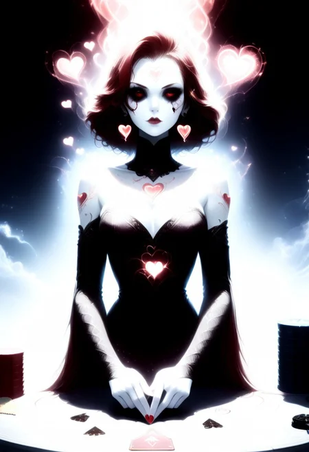, score_9, score_8_up, score_7_up, Female, PG, Physical characteristics: Elegant facial features, pale skin, striking dark eyes, flowing red hair composed of heart shapes, full body, full body shot Clothing and accessories: Red, heart-shaped elements enveloping her body and head; intricate earrings visible, Position: Reclining or emerging from the playing card, with one hand extended gracefully, Background: Dark backdrop with smoky, ethereal effects, scattered red hearts and poker chips enhancing the thematic composition, Main element: Queen of Hearts playing card, creatively designed with a vivid, surreal touch, Art style: Hyper-realistic with fantasy elements, emphasizing red tones and a luxurious, dramatic atmosphere,
