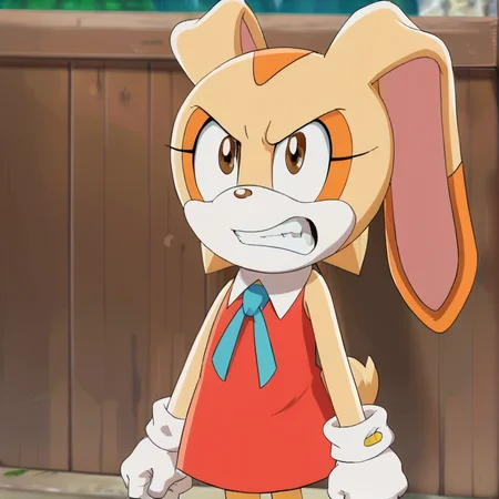 hi res, best quality, female, Score_9, score_8, score_7 BREAK, best anatomy, small body, young, petite, (solo), ultra detailed, short, (source_cartoon), (((show accurate))), (masterpiece), <lora:Cream_the_rabbit_Pony_V3:1>, cre@m_the_rabbit, furry, two-tone fur, rabbit ears, 1girl, animal nose, brown eyes, rabbit girl, angry, clenched fists, orange dress, white gloves, neck ribbon, blue ribbon, gritting teeth, outdoors