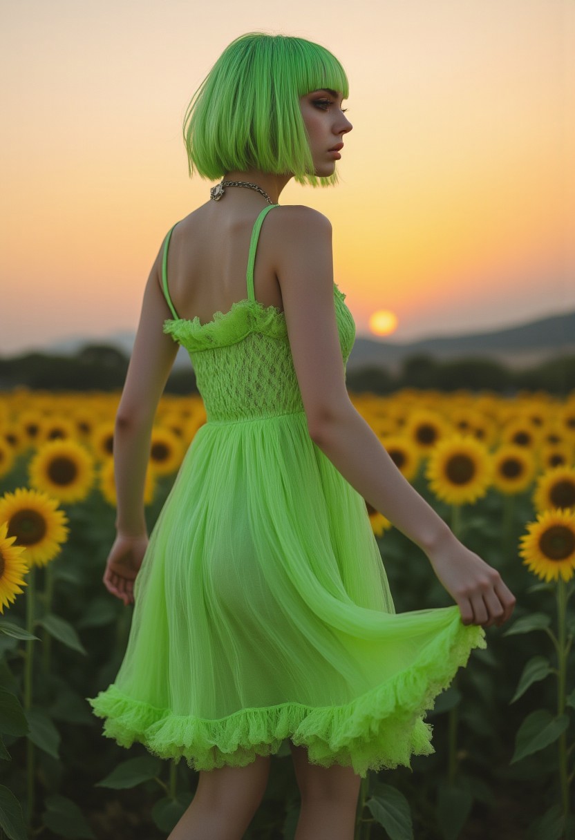 FictionalApple, goth girl with a lime green bobcut with blunt bangs. wearing a lime green sundress and dancing through a field of sunflowers at sunset