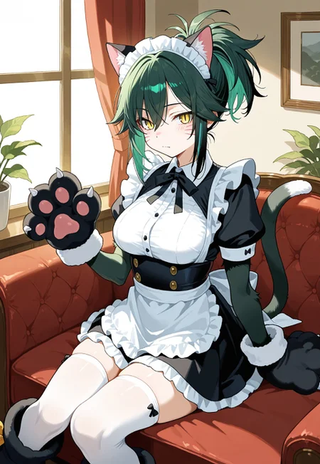 General, masterpiece, best quality, amazing very aesthetic, absurdres, warm lighting, soft focus, highly detailed, intricate textures, realistic shading, detailed background

BREAK

1woman:[kuudere, lean body, slit pupils, short green hair with black highlights, tomboyish hairstyle with ponytail, yellow eyes, tall, medium breasts, Maid Uniform, stockings, ripped white thighhighs]

BREAK

Changingroom, sitting, cat ear headband, fake cat tail, black paw gloves, black paw shoes, whisker markings, cat nose, (green and black body fur:1.5), busy background, people in background 