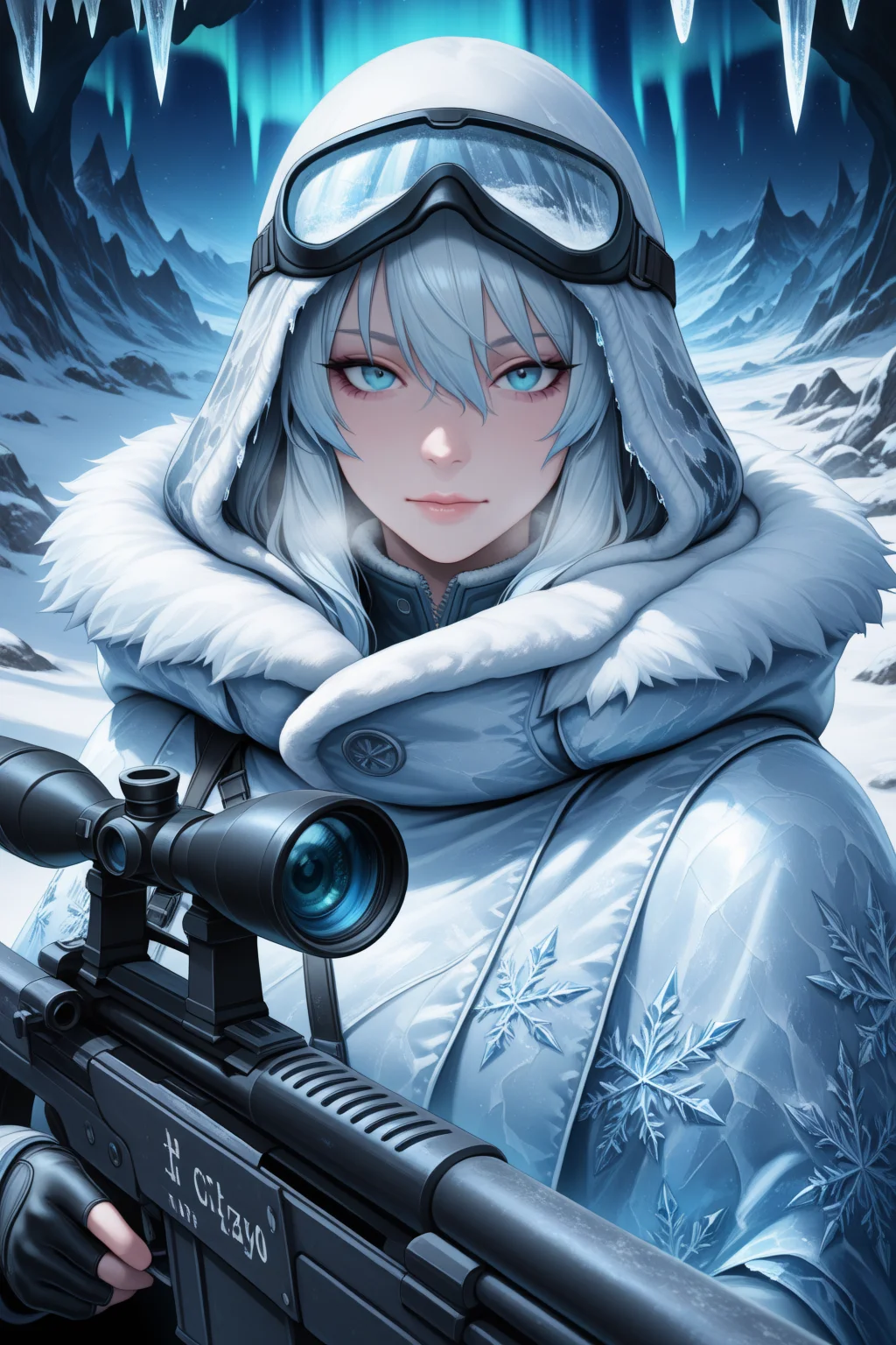 lazypos, oc (snezhnaya assassin), 1girl, icy-blue eyes, snow camo cloak, sniper rifle (cryo), frozen breath, glacial cave, aurora borealis, bloodstained snow, thermal goggles, stealth gear, icicle daggers, sharp cheekbones, kill list (visible), cold calculation, portrait: through sniper scope, frostbite on fingers, subzero atmosphere, polar night sky, deadly precision, harsh blue lighting <lora:TrendCraft_The_Peoples_Style_Detailer-v2.1A-3_12_2025-JANKU:0.2>