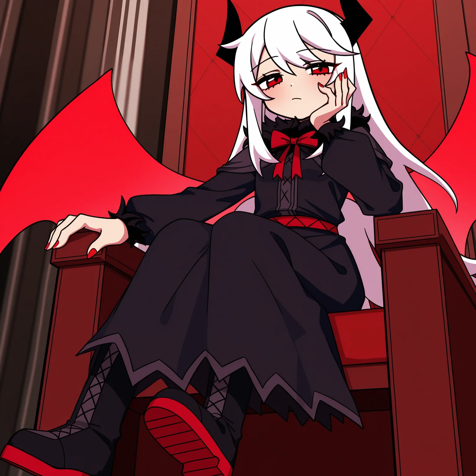 masterpiece, best quality, amazing quality, anime screencap, 1girl, solo, sitting, sitting on throne, from below, elbow rest, hand on own cheek, looking at viewer, red castle interior, bored, <lora:VareltFNF:0.9>, VareltFNF, white hair, long hair, red eyes, black horns, neck ribbon, red ribbon, red demon wings, long fingernails, red fingernails, black dress, long dress, black skirt, black boots,